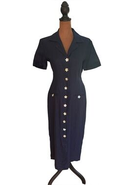 Vintage 90s Jessica Howard Navy Button-Front Midi Dress with Star Buttons!